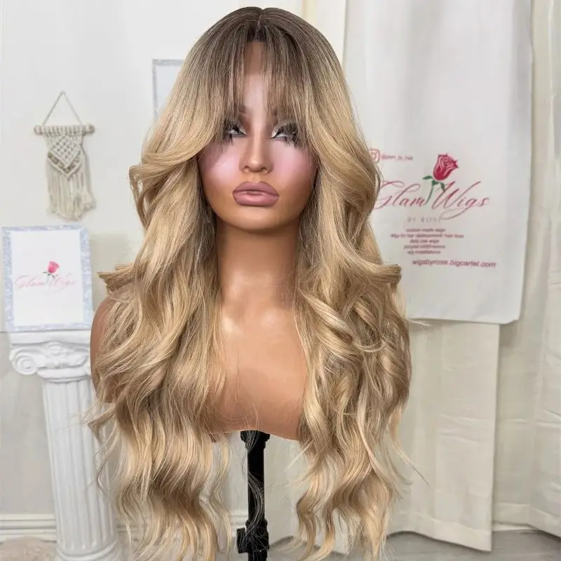 المرأة شعر مستعار رخيصة طويلة شعر مستعار أشقر أومبير الذهبي شقراء Balayage الدانتيل شعر مستعار أمامي مع الانفجارات مقاومة للحرارة شعر مستعار اصطناعي للاستخدام اليومي #1