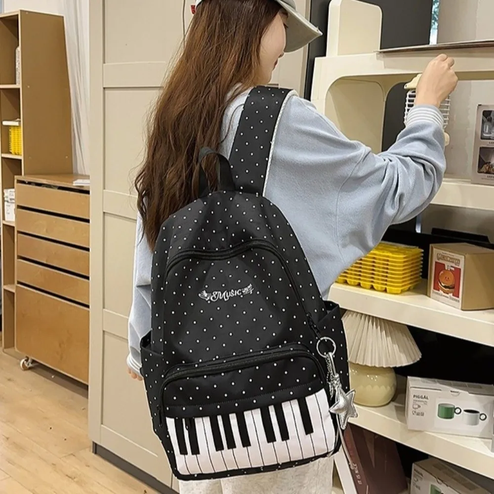 Nylon Polka Dot Print Backpack Color-blocked Cute Large Capacity School Bag Durable Preppy Style Piano Key Backpack Women Girls