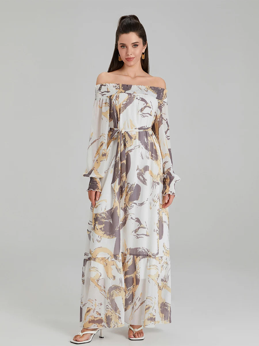 

Women s Summer Belted Dress Off Shoulder Long Sleeve Abstract Print Long Dress Chiffon Dress
