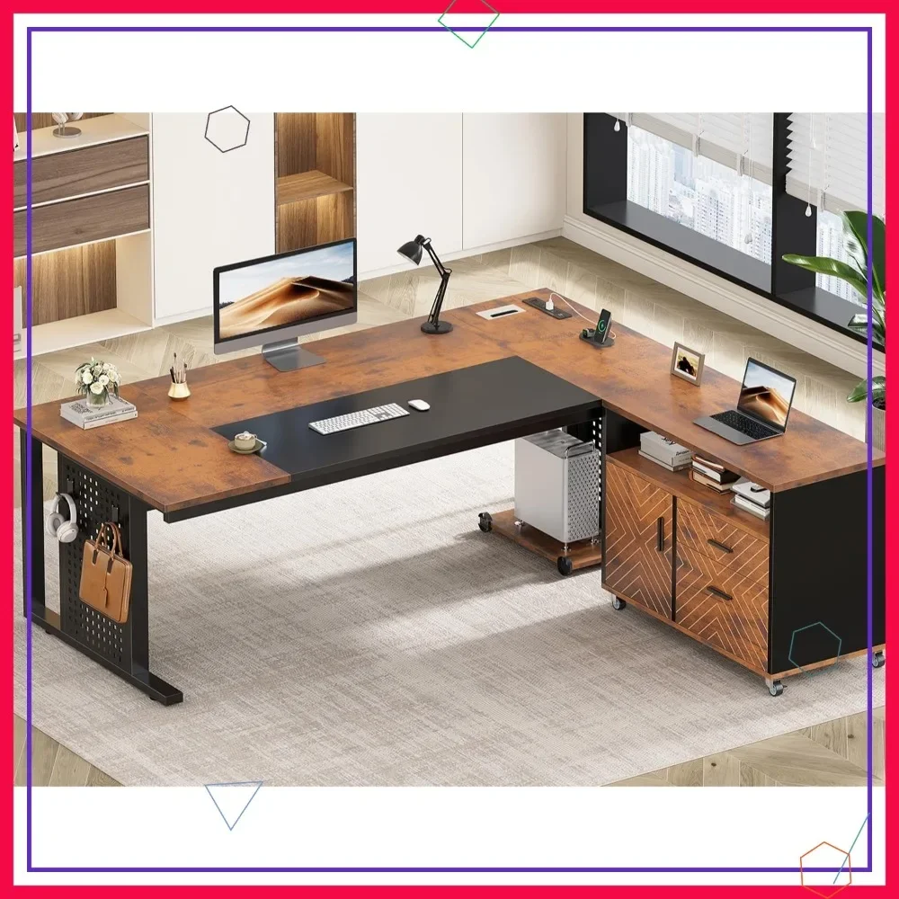 

Угловой офисный стол руководителя с выдвижным шкафом для документов, розетками, подставкой для системного блока и полками для хранения - цвет: рустик-коричневый