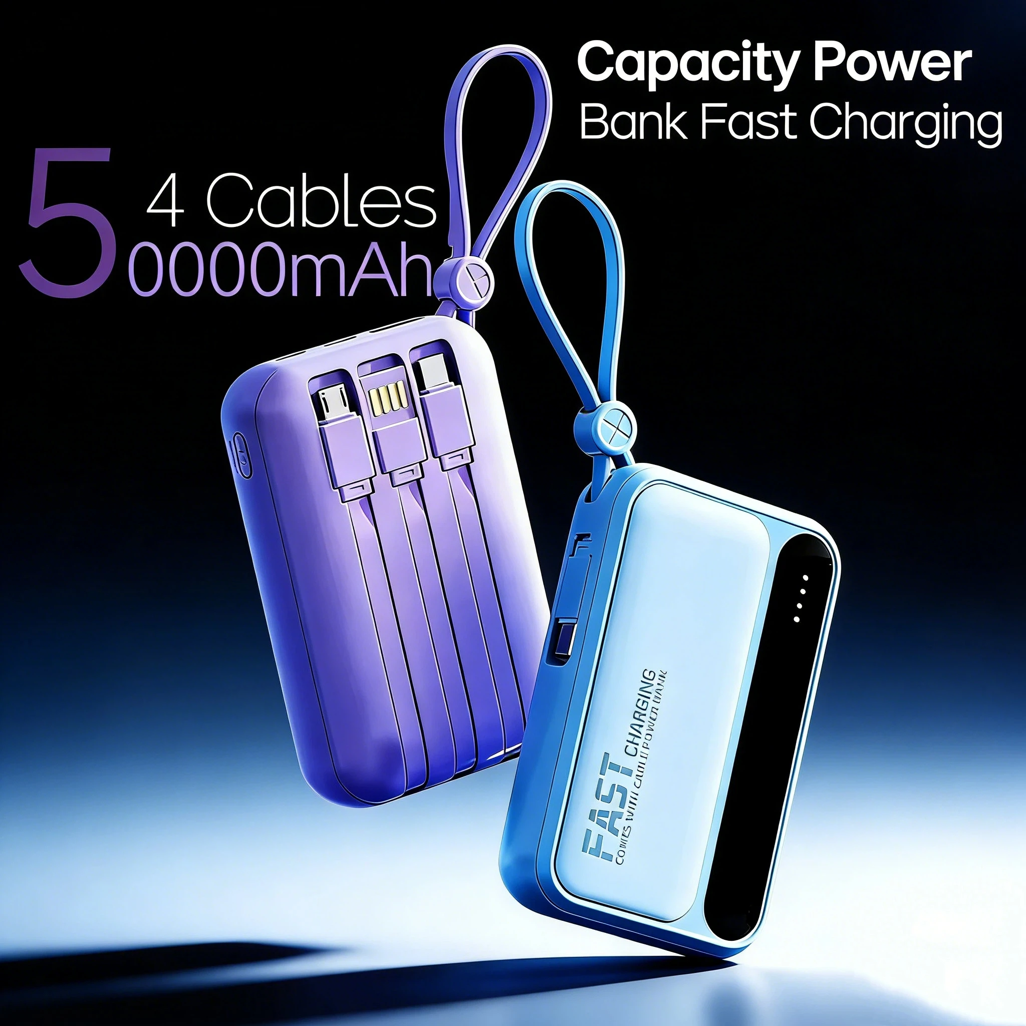 2026 New 50000mAh Capacity Power Bank Fast Charging Mini 4 Cables Portable External Battery  Type C For iPhone Samsung Android