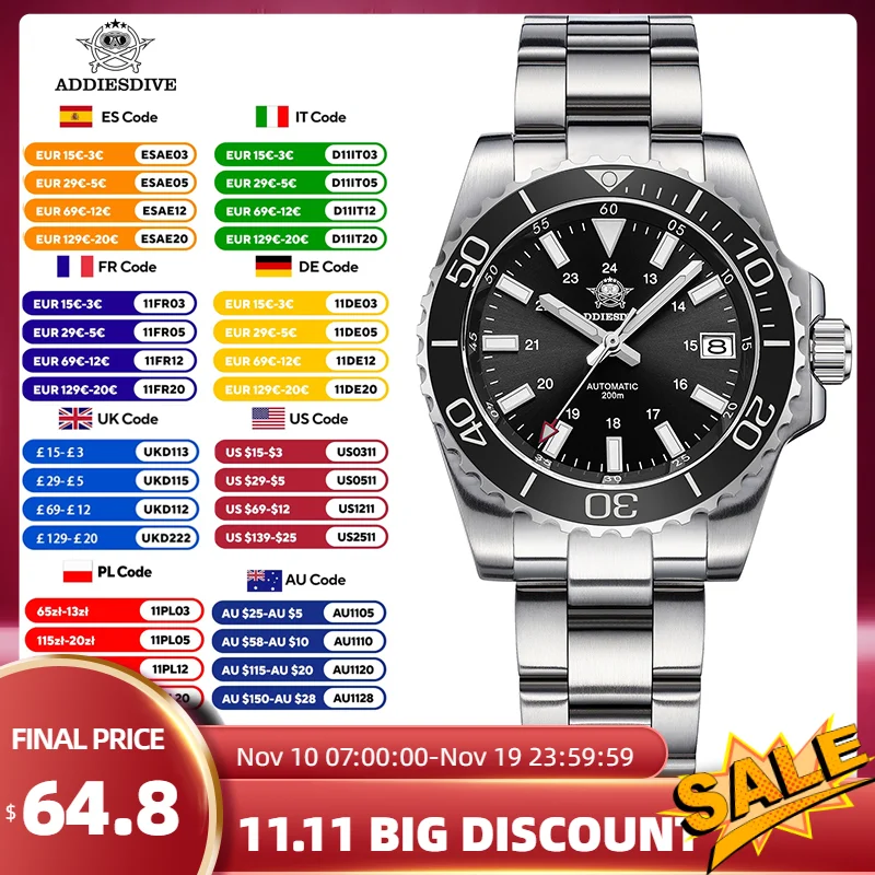 

ADDIESDIVE New Reloj Hombre Waterproof Men's Watch Stainless Steel Black Dial Sappire Luminous Dive Watches AD2504 Ceramic Bezel