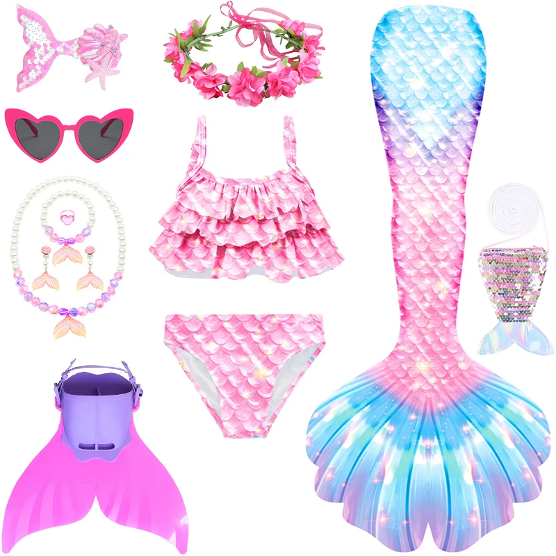 Fancy Little Girl Rainbow Mermaid Tail Swimwear Holiday Swim Diving Swimsuits Vacation Children Beach Bikini Swimming Clothes