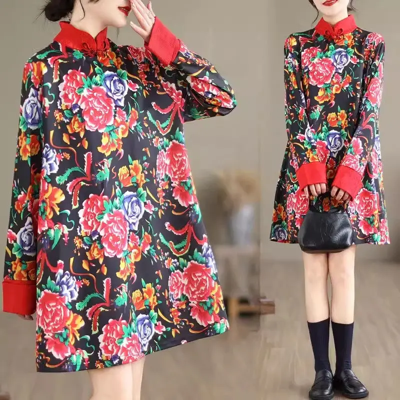 

New Chinese Style Northeast Big Flower Dress Women Qipao 2024 Spring And Autumn Improved Medium Length Casual Cheongsam K174