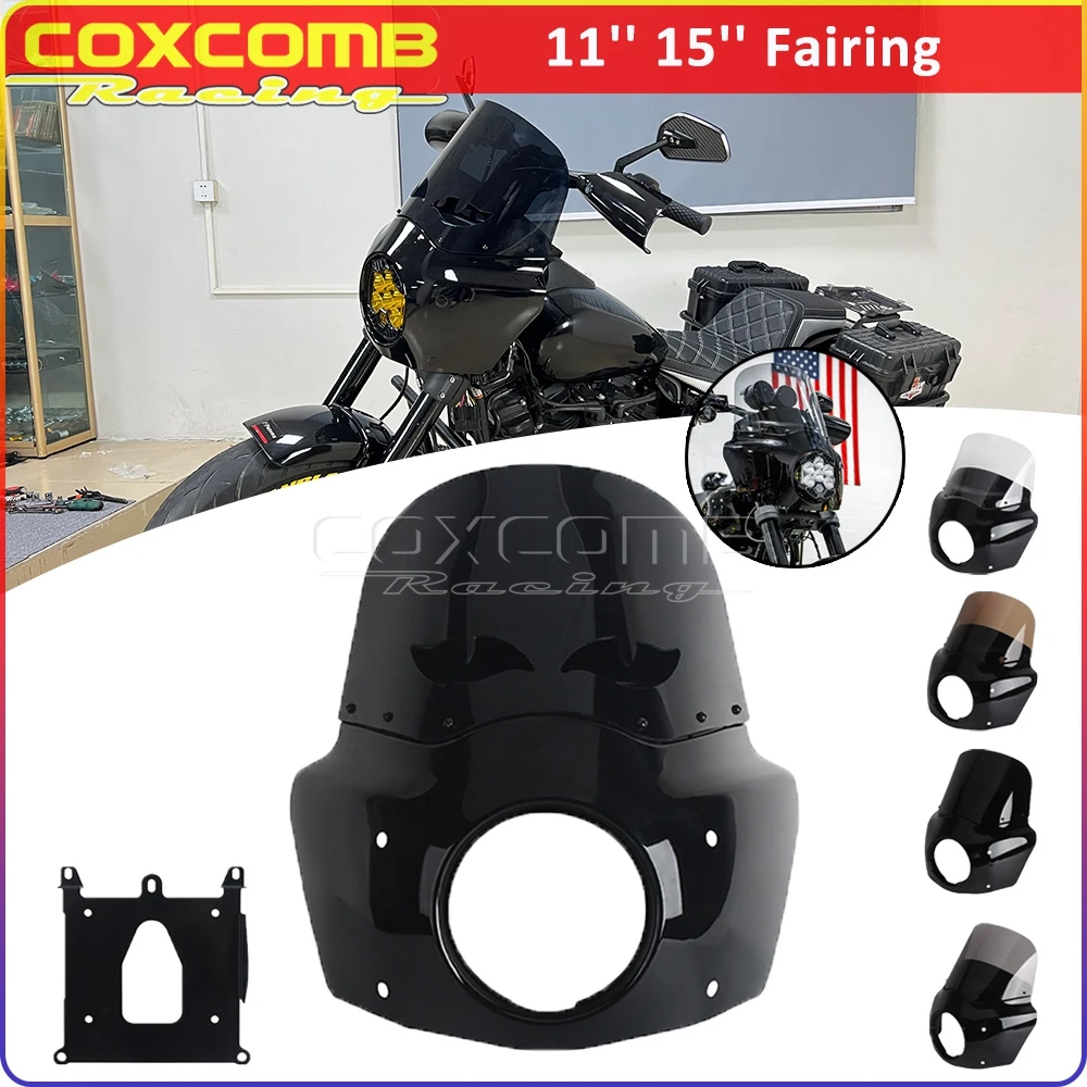 11'' 15'' Windscreen Fairing For Harley Softail Fat Bob FXFB FXFBS Motorcycle Headlamp Mask Cover Windshild Support Bracket Kit