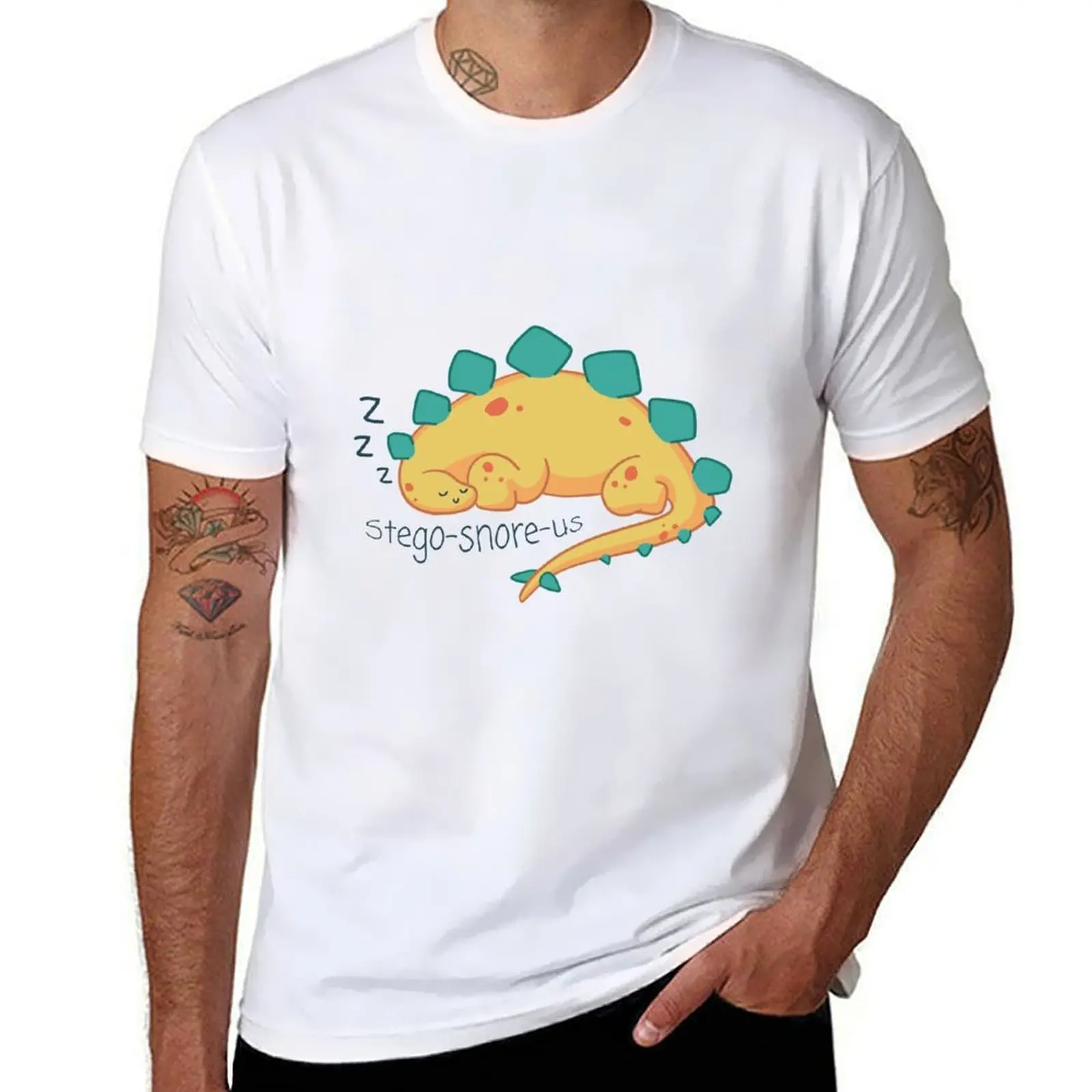 

Stego-Snore-us - Dinosaur Graphic and Text pun- Yellow/Green Colour T-Shirt t shirt for man men t shirt cotton 100% T-Shirt