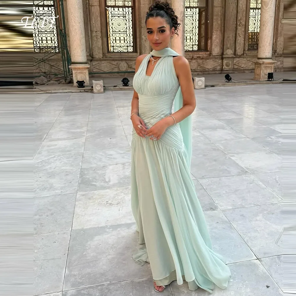 

TLIT Elegant Candy Color Chiffon Draped Evening Dresses Deep V-Neck فستان المس Prom Gowns Long Shawl Customized