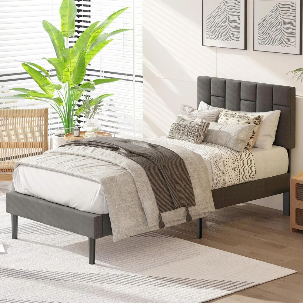 Estrutura de cama de solteiro, cama de plataforma estofada moderna com cabeceira, sem ruído, sem necessidade de molas, cinza