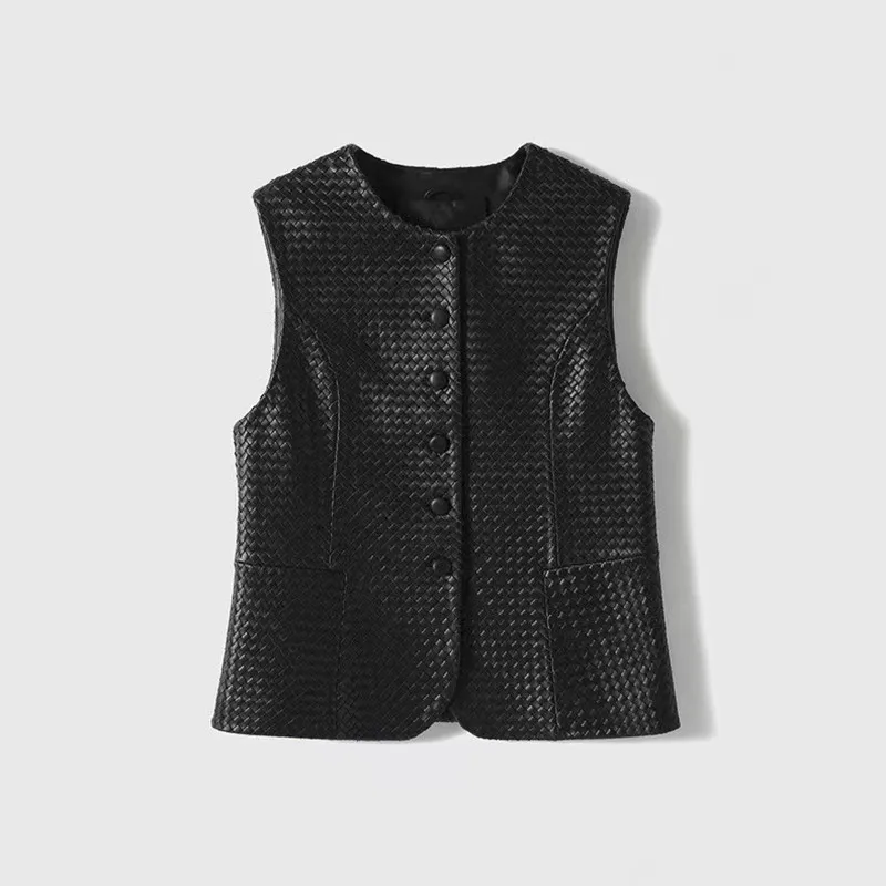 Leren Vest Dames Lente En Herfst Dames Casual Mouwele Schapenvacht Vest Vest Alle Hand Geprepareerd Klein Vierkant Geruit Vest