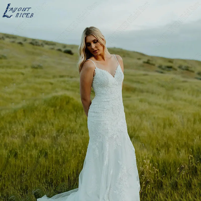 NICEB-vestido De novia De encaje con cuello en V, traje elegante De corte sirena con espalda abierta, apliques nupciales, diseño bohemio Vestido de Novia Sirena Boho Elegante Cuello en V  Vestido De Novia De Encaje Esp