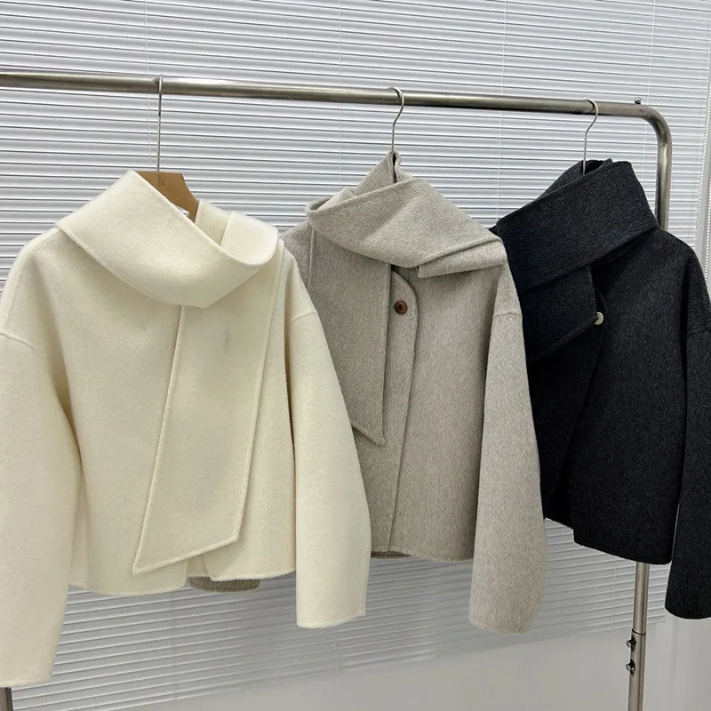 New Fashion New Scarf Collar Short Cashmere Coat Women\'s Casual Loose Wool Jacket