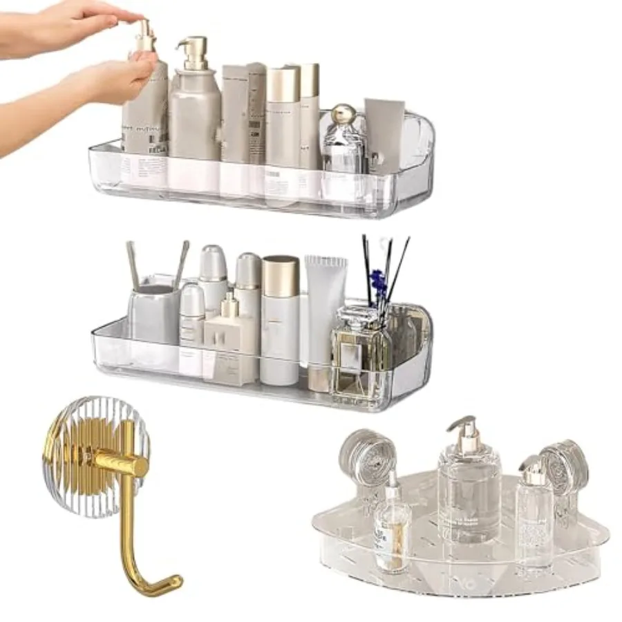

Акриловые угловые полки для душа с 2 крючками, 2-уровневый треугольный органайзер без сверления для ванной комнаты, клейкая настенная полка для шампуня Ra