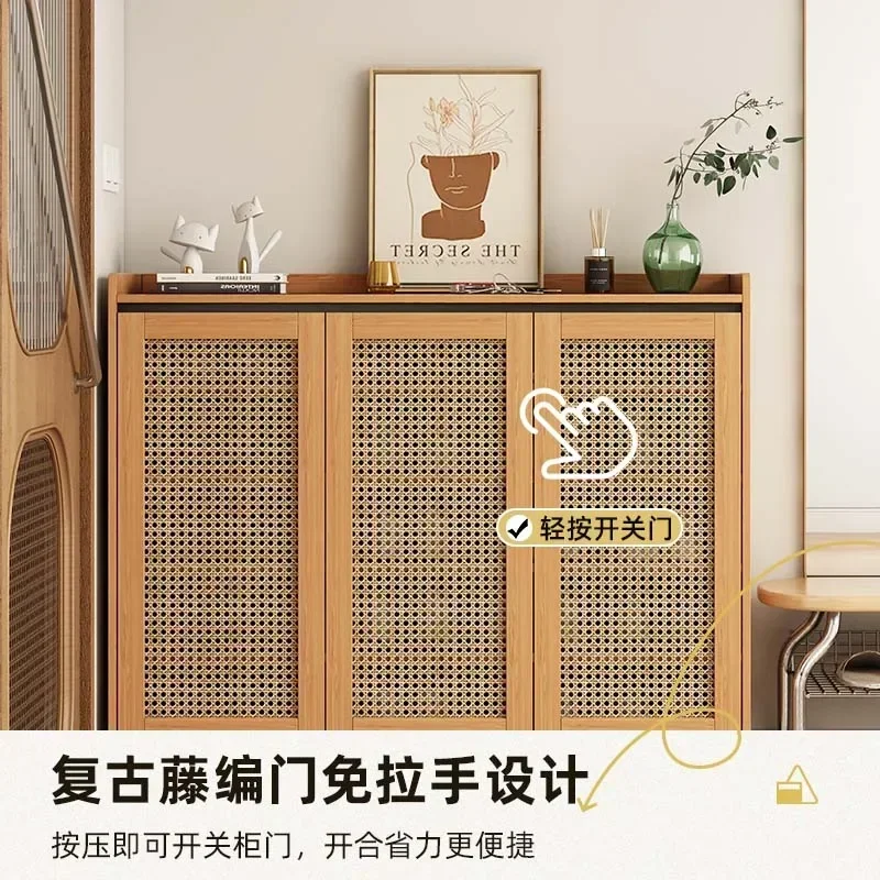 

Rattan shoe cabinet at the entrance Solid wood wabi-sandy wind Large capacity multi-layer storage