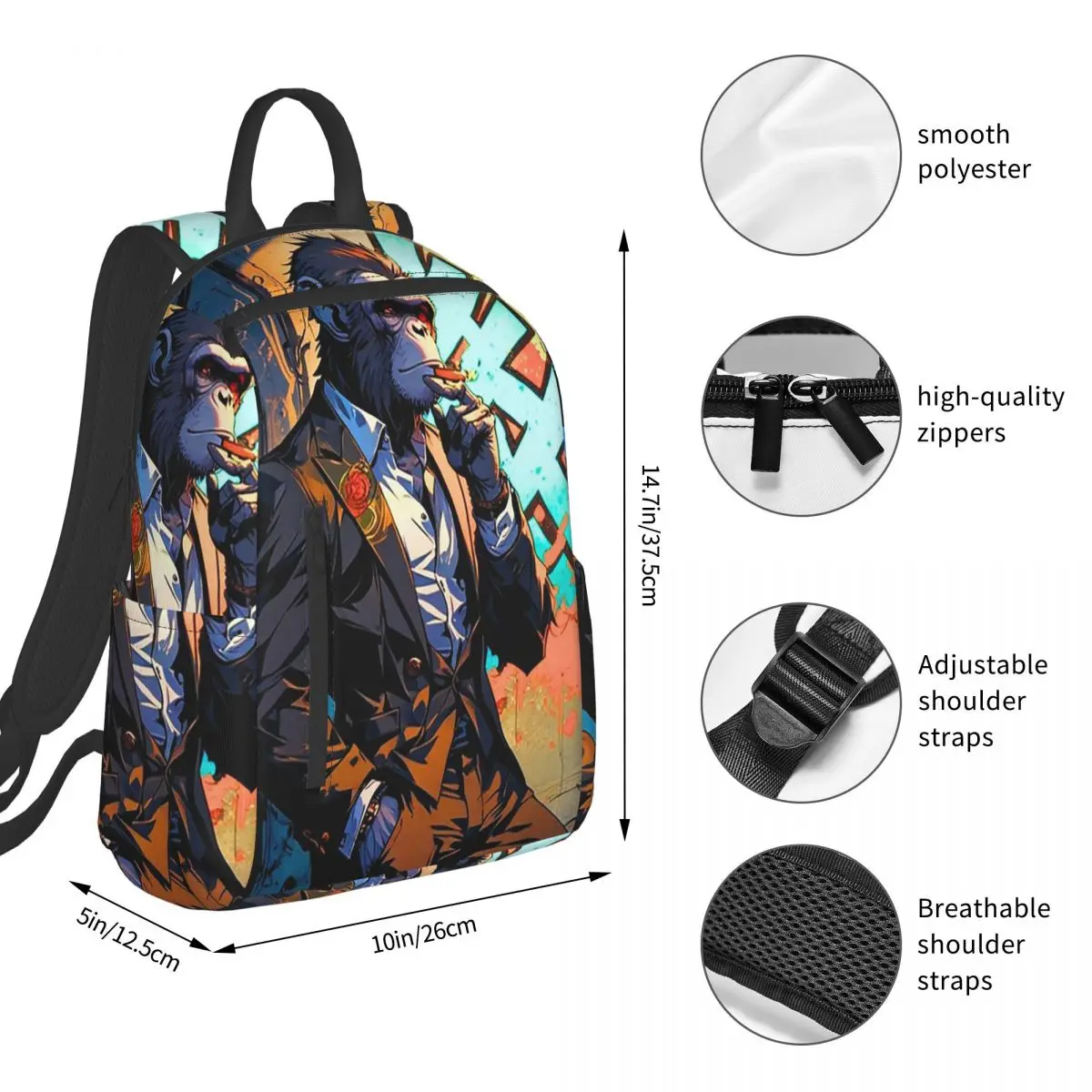 Gentleman's Smoking Monkey Print Backpack Student BookBag Kids School Bag Laptop Shoulder Bags Men Women