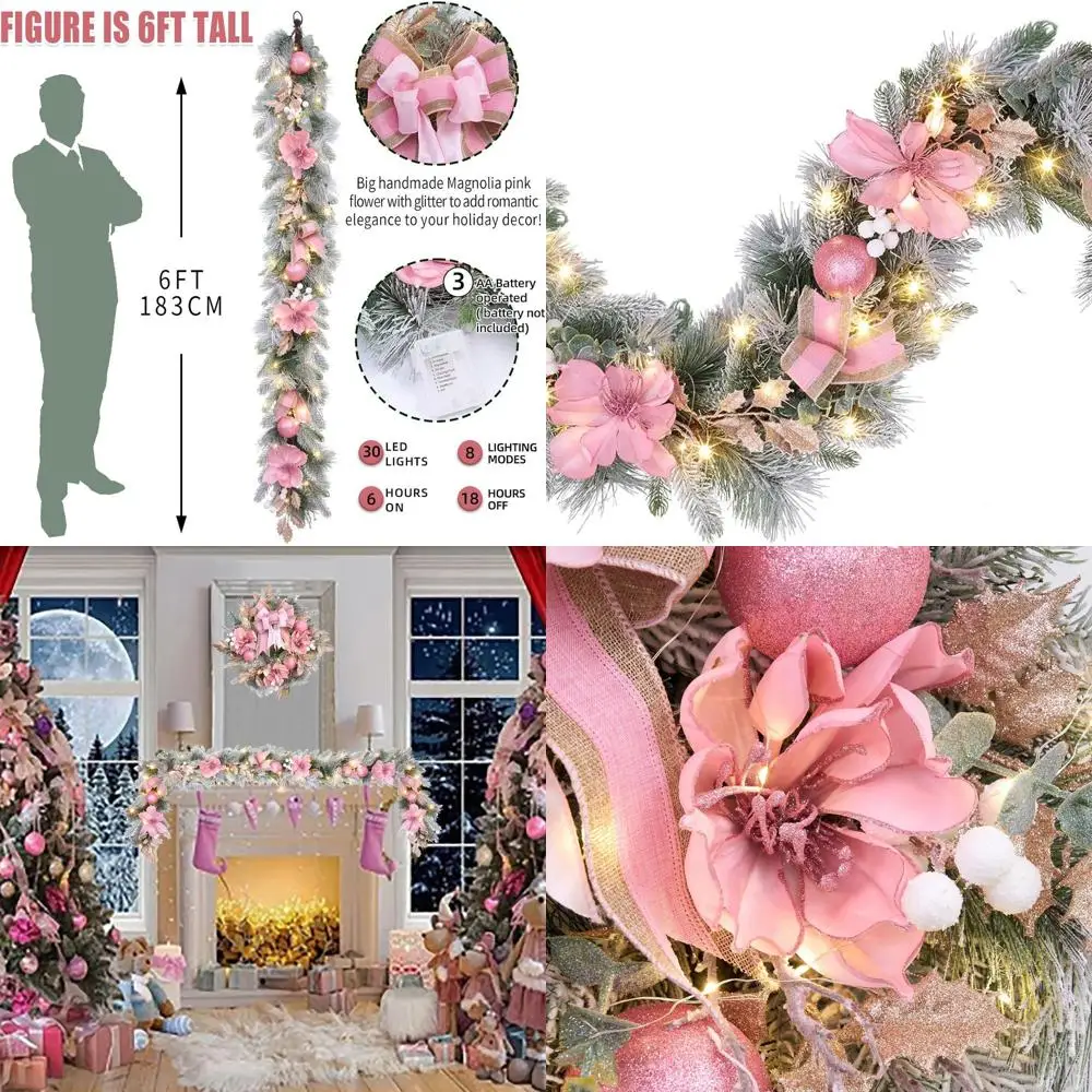 

Поллюлитная розовая гирлянда с 30-светодиодной подсветкой и таймером на Рождество и свадьбу — праздничное украшение на дверь из флокированного снега