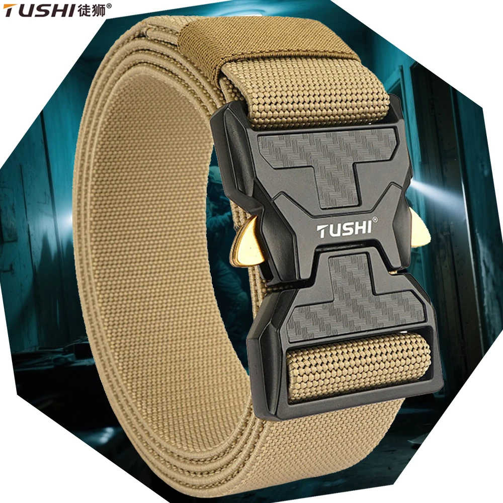 

TUSHI New Elastic Belt For Men Alloy Quick Release Buckle Strong Nylon Hunting Tactical Belt Male Military Belt Accessories
