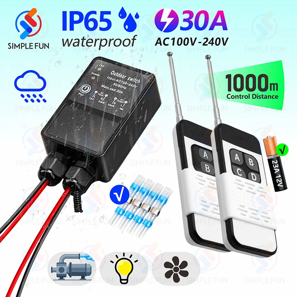 433MHz High Power Wireless Remote Control Switch 110V 220V 30A Outdoor Waterproof,1000m Control Range,for Pump Lamp Exhaust Fan