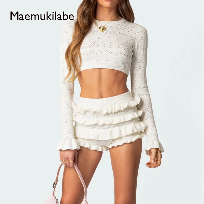 

Autumn 2 Piece Set Knitted Long Sleeve Crop Sweater Tops + Ruffles Shorts Vintage Outfits Women Matching Suit Y2K Streetwear