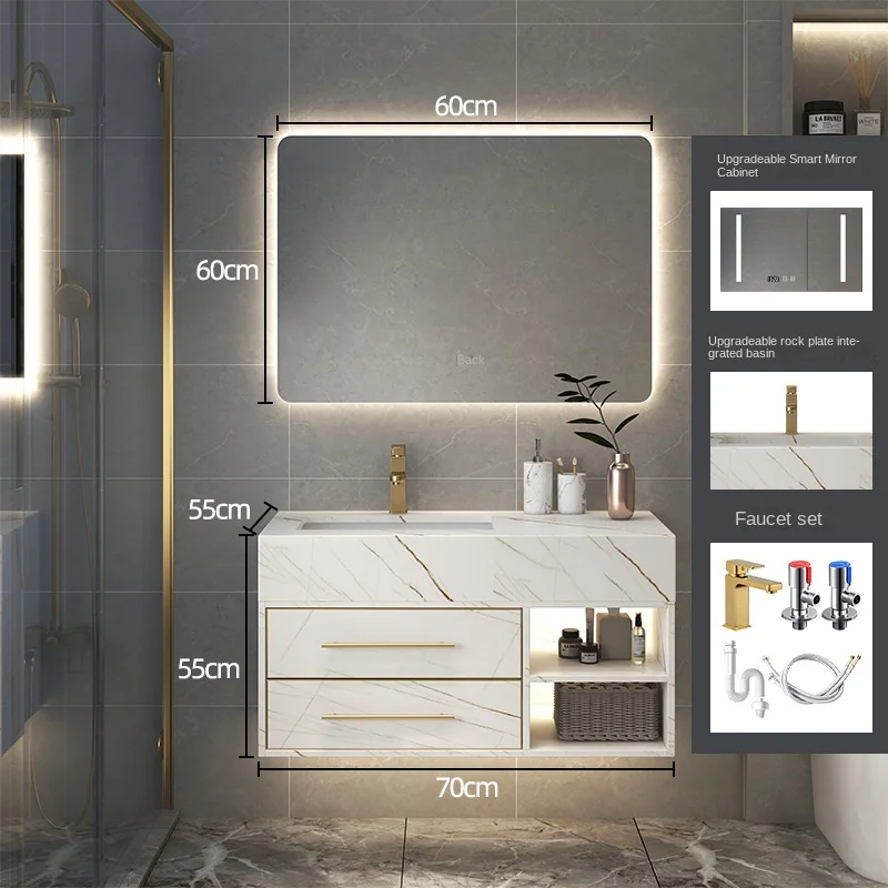 Armário de banheiro de luxo com luz moderna, bancada de granito artificial, espelho inteligente, durável, resistente à água, 5 anos de garantia