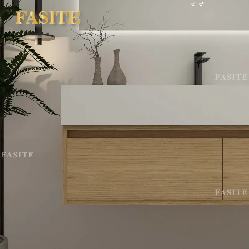 For Bathroom Log Color Rock Slab Seamless Basin Cabinet Combination with Intelligent Back Luminous Mirror Washstand Modern