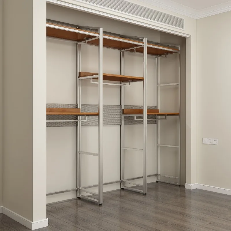 

Bedroom home solid wood open cloakroom steel frame wardrobe rack