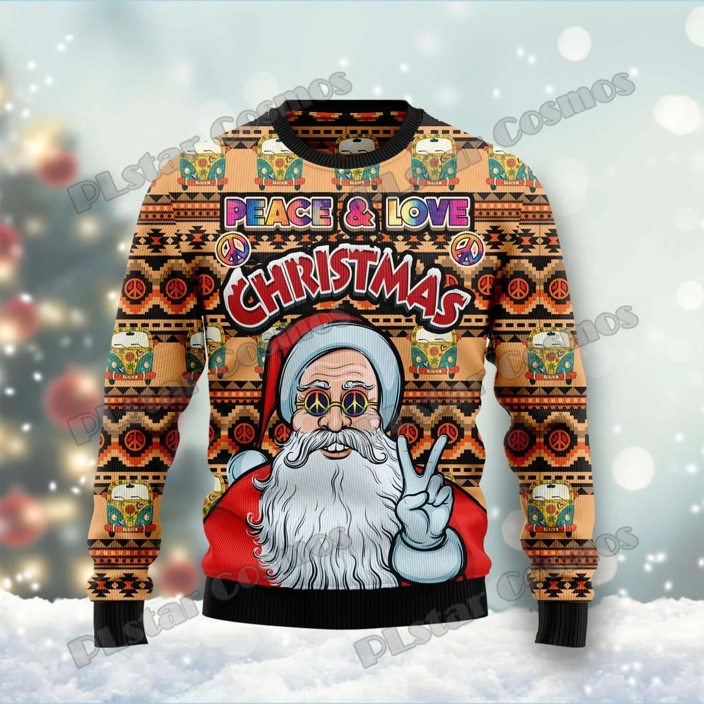 Hippie Santa Claus Peace And Love 3D Printed Men\'s Ugly Christmas Sweater Winter Warm Unisex Casual Knit Pullover Sweater MY02