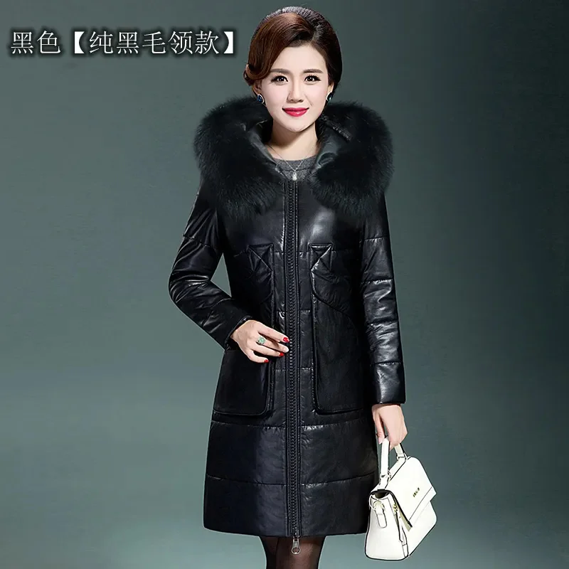 Winter Women New Genuine Leather Down Cotton Jacket Female  Middle-aged Mothers Korean Medium Length Thickened PU Leather Coat