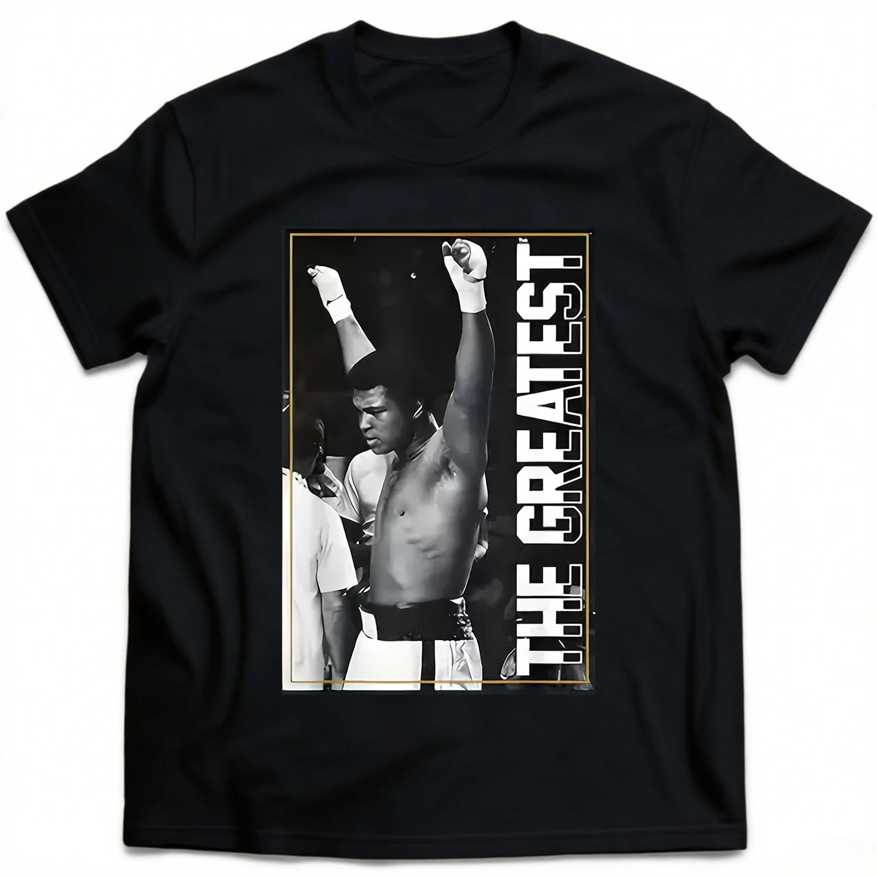 Plus Size Black Short Sleeve T-Shirt with Muhammad Ali Pattern Suitable for Outdoor Leisure Wear in Summer