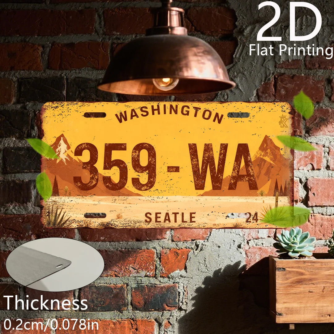 2D-Flach, 1 Stk. Vintage WA Seattle Metallschild - 15,24 cm x 30,48 cm Retro-Wanddeko mit 359 WA Nummer, Industrielle Heim- &