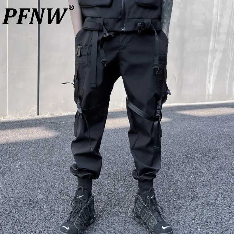 

PFNW Dark Style Men's Casual Pants Webbing Straight Binding Leg Solid Color Male Cargo Trousers Functional New Autumn 12A8149