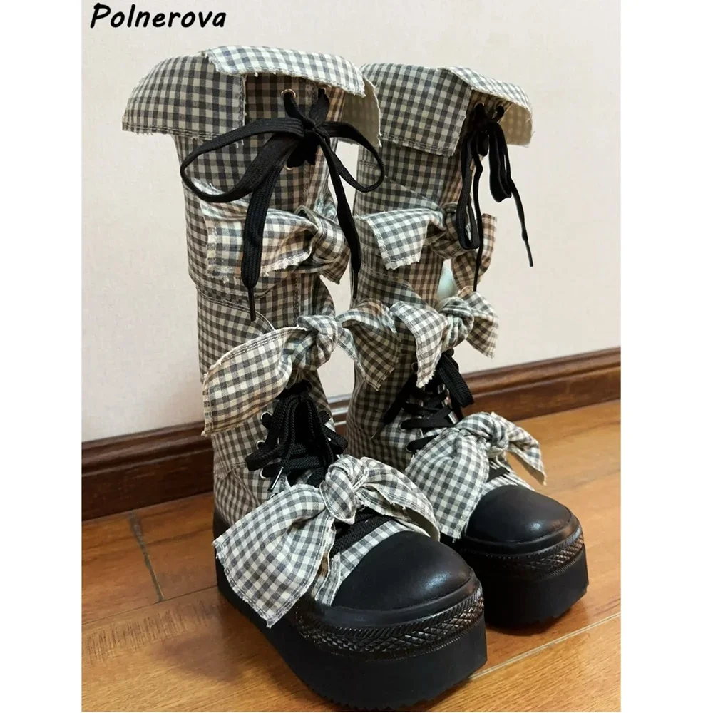Plaid Butterfly Knot Boots Canvas Platform Cross Tied Thick Soled Lace Up Shoes Winter Fashion High Increase Knee High Boots