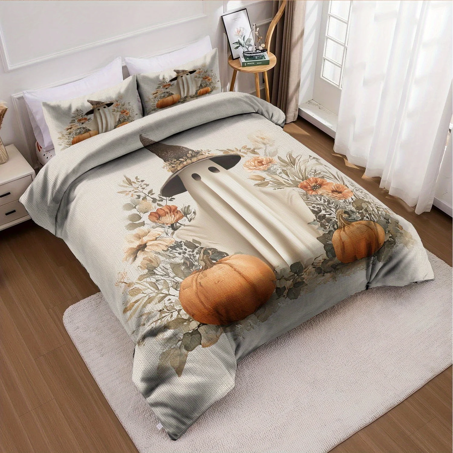 3pcs Halloween Pumpkin Monster Duvet Cover Set without Core, Quilt Cover with 2 PillowcasesSoft and Machine Washable