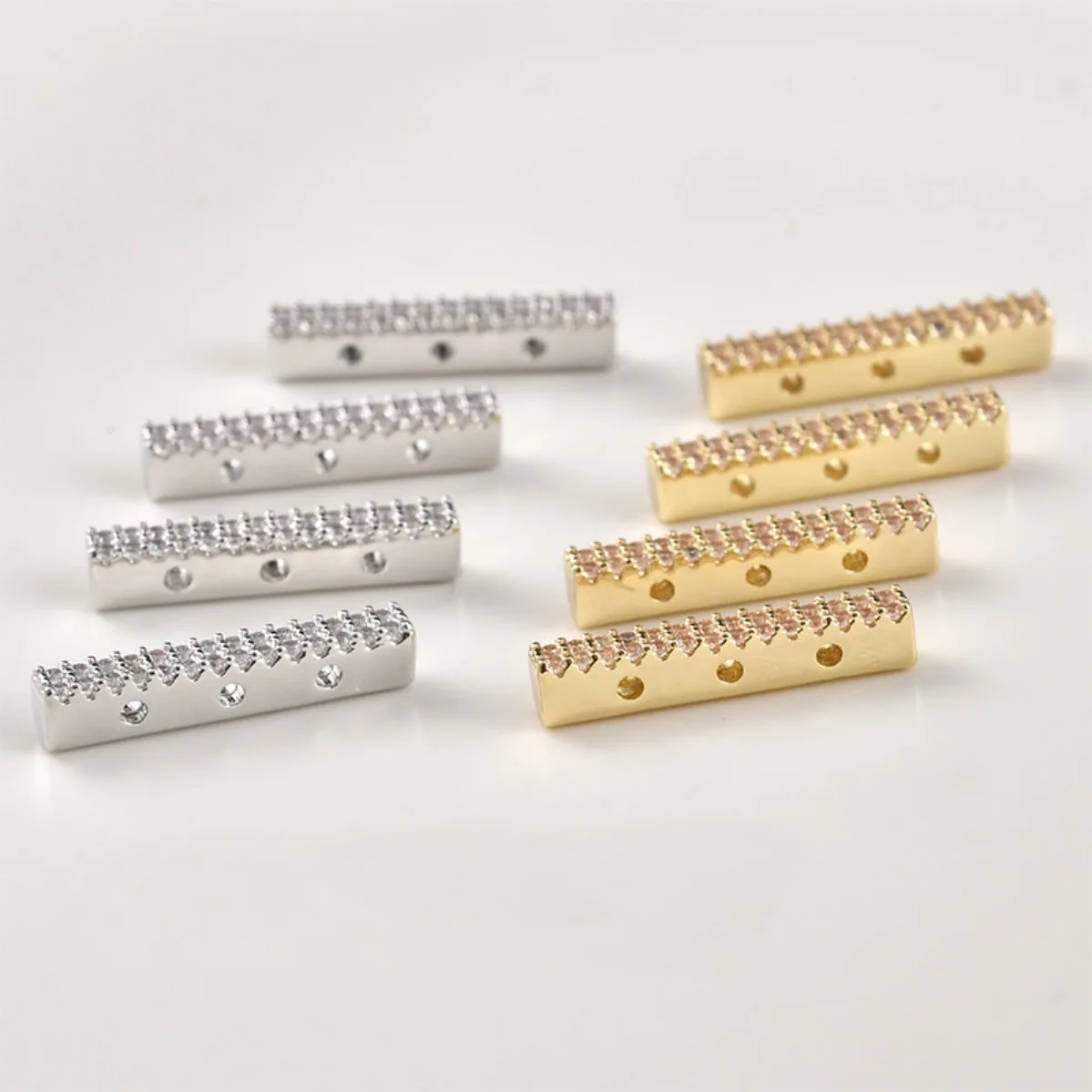 Brass 14K Gold Plated Color‑Retentive Zircon‑Set Three‑Row Rectangle Spacer Beads DIY Bracelet Necklace Jewelry Making Supplies