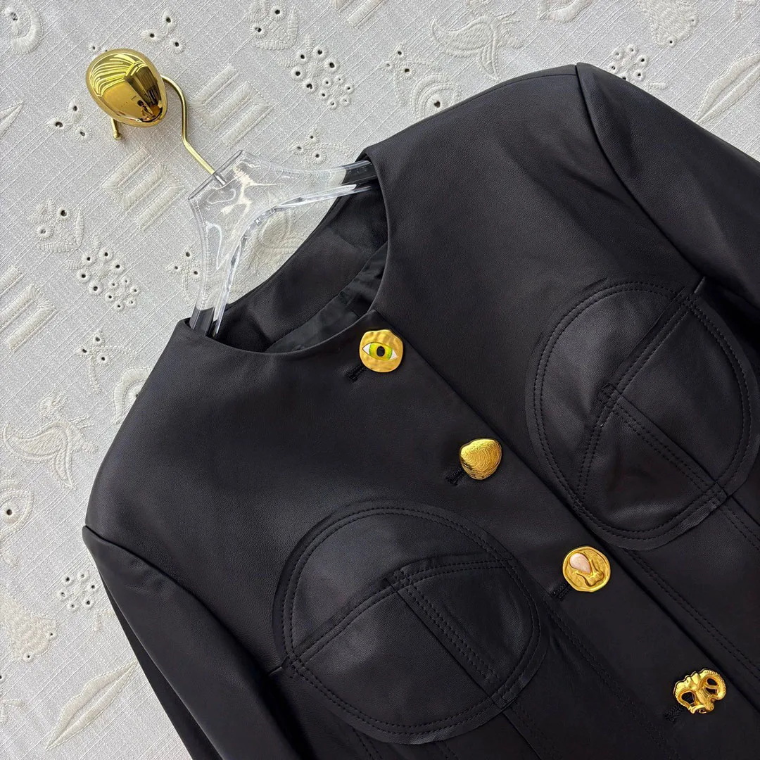 Top Quality 100% Sheepskin Soft Real Leather Jacket Women O-neck Long Sleeve Gold Buttons Back Cross lace-up Vintage Slim Coat