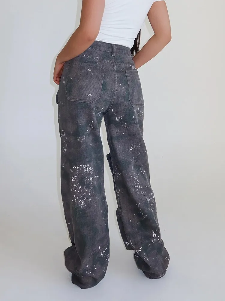 Imagem -04 - Twotwinestilo Calça Jeans com Bolsos Emendados para Mulheres Botão de Retalhos de Cintura Alta Solto Casual Camuflagem Moda Feminina