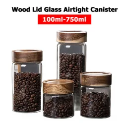 Wood Lid Glass Airtight Canister Kitchen Storage Bottles Jars Food Container Grains Tea Coffee Beans Grains Candy Jar Containers