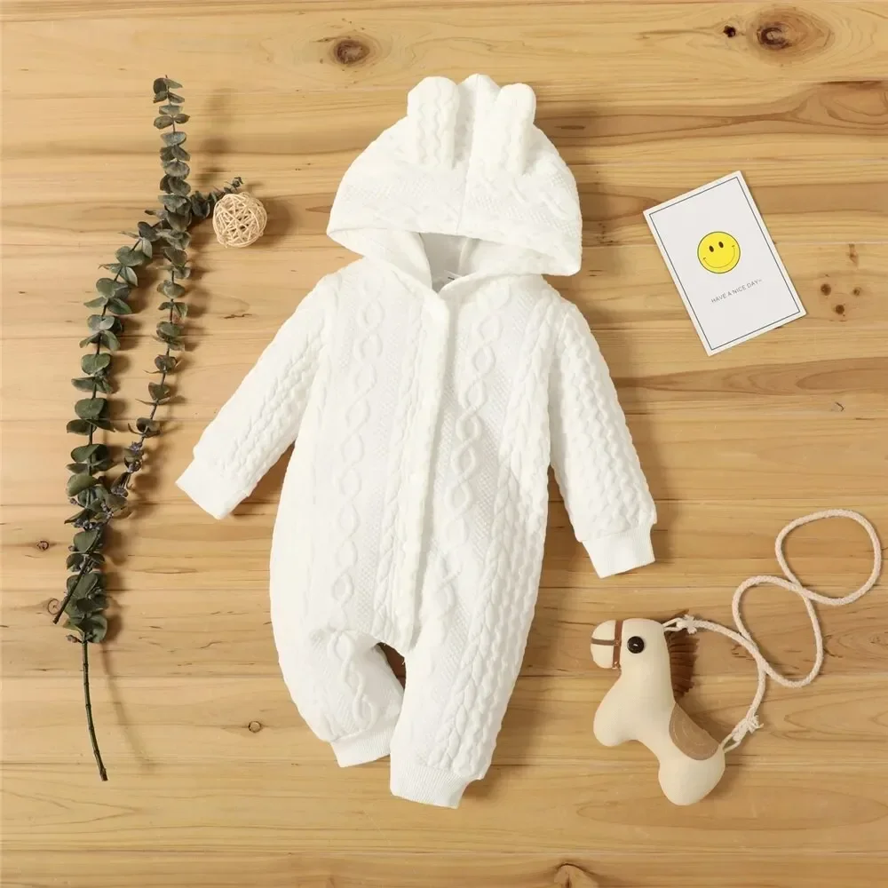 0-18 Months Newborn Baby Boy Girl Bodysuit Solid Color Hoodie Long Sleeve Romper Autumn&Winter Warm Jumpsuit Clothes For Baby