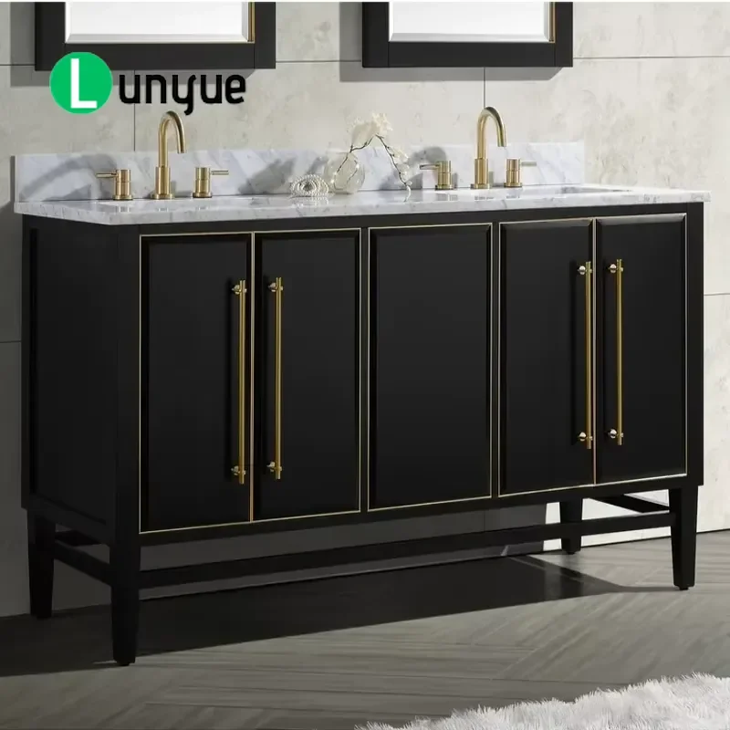 Modern Navy Blue Aluminum Bathroom Vanity with Faux Marble Countertop and Ceramic Basin 60 Inch Floor to Ceiling Cabinet
