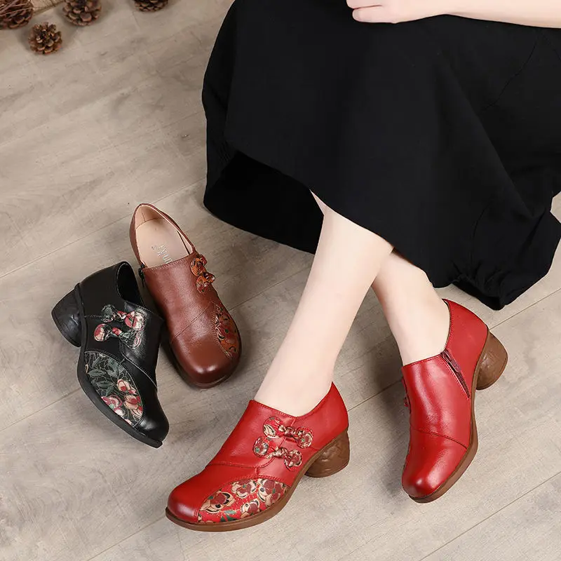 Black Woman Pumps Genuine Leather Women\'s Medium Designer Ladies Pumps Women Shoes Retro Flower Print Boho Shoes On Heels