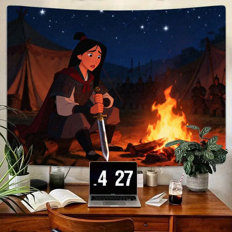 

1PC Disney Mulan Warrior Princess Tapestry, Campfire Night Stars Wall Art for Bedroom Living Room Dorm Aesthetic Decor Gift.