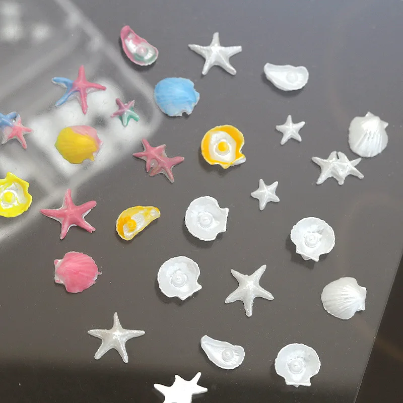 50PCS Kawaii Pearly-lustre White Starfish Oyster Scallop Shell Resin Nail Art Rhinestones Decorations Manicure Ocean Charms