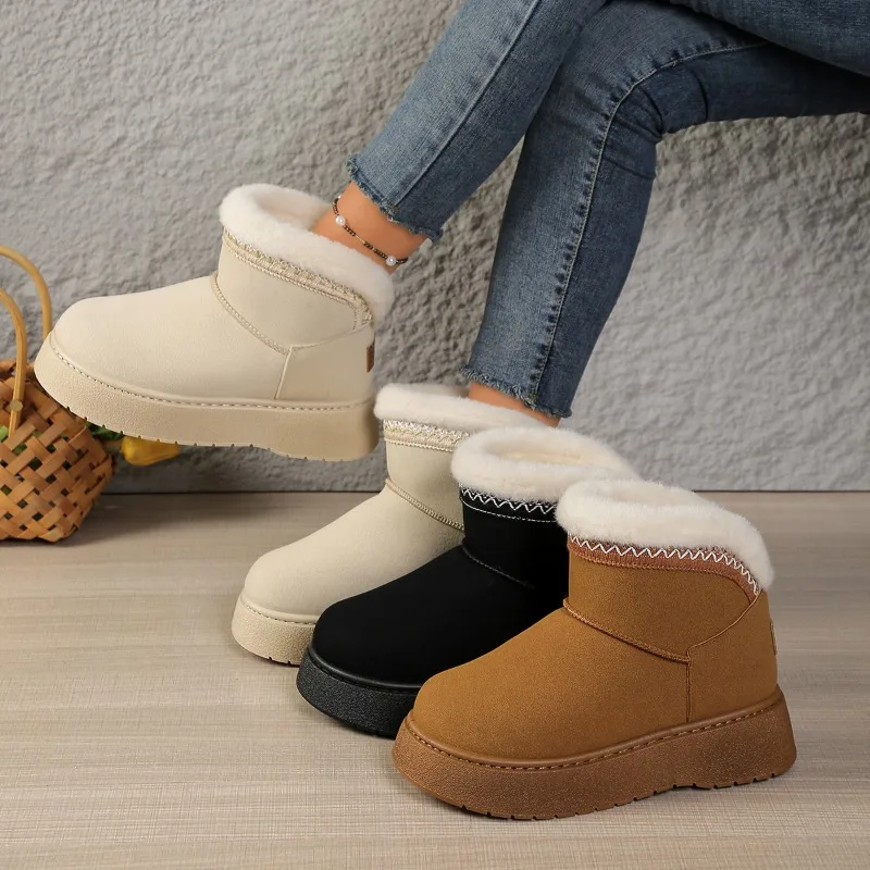 

2025 повседневные меховые зимние ботинки с вышивкой, женские зимние ботильоны с мягкой толстой подошвой и пушистым мехом, теплая плюшевая женская обувь без шнуровки