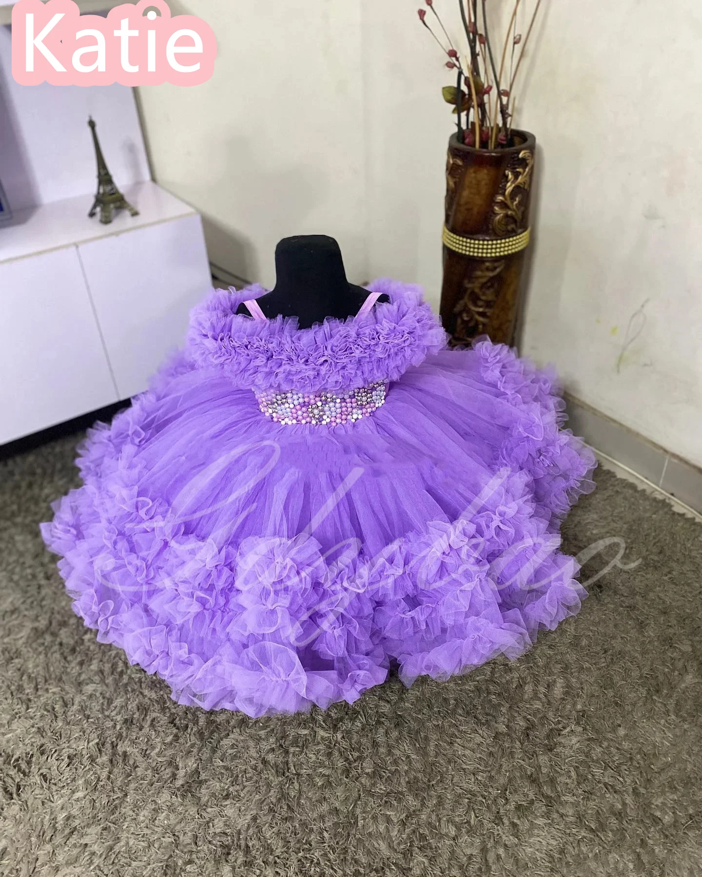 فستان بناتي على شكل زهرة وردية لحفلات الزفاف مطرز باللؤلؤ من التول المنتفخ للأميرة للأطفال وحفلات أعياد الميلاد الأولى مخصصة #4