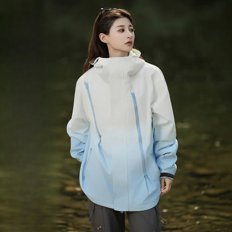 Gradient Color Windbreaker Jacket Women Fashion Hooded Turtleneck Hiking Jackets Woman Outdoor Sporty Zipper Outwear Mujer