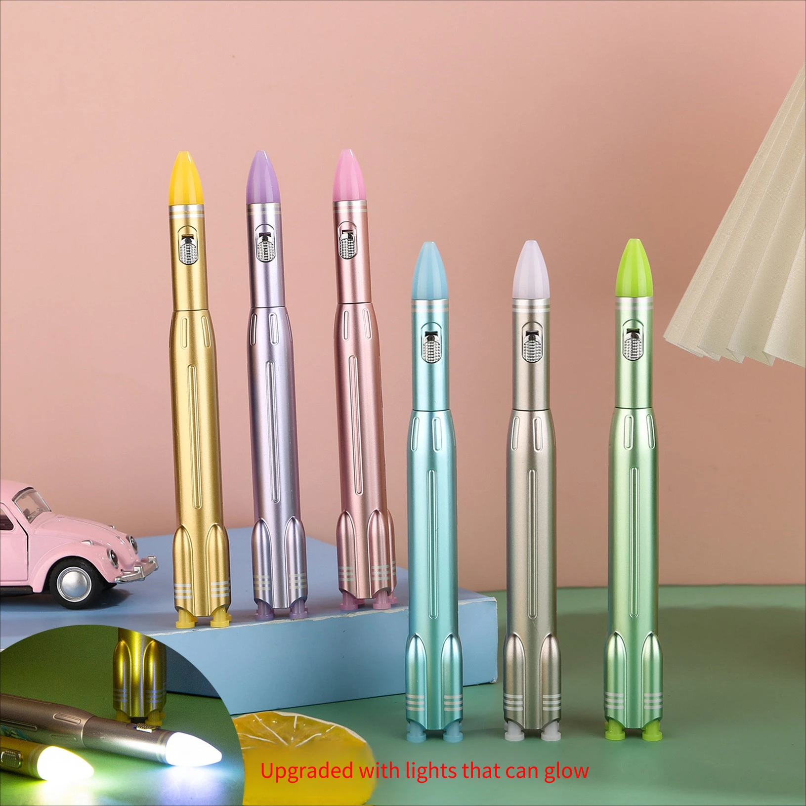 Creative Rocket Missile with Light Gel Pen Black Ink Glowing Rocket Stand Neutral Pen Student School Stationery Kids Prize Gift