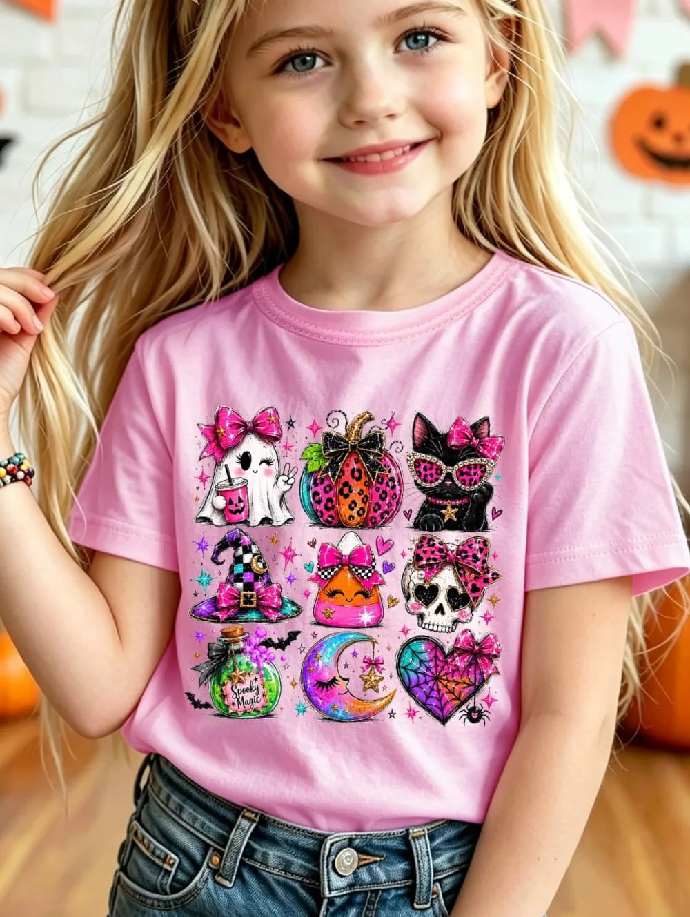 Girl Clothes Halloween Summer Fashion Girls' Short Sleeve T-Shirt Pumpkin and Ghost Cartoon Pattern Print Casual Versatile Tops