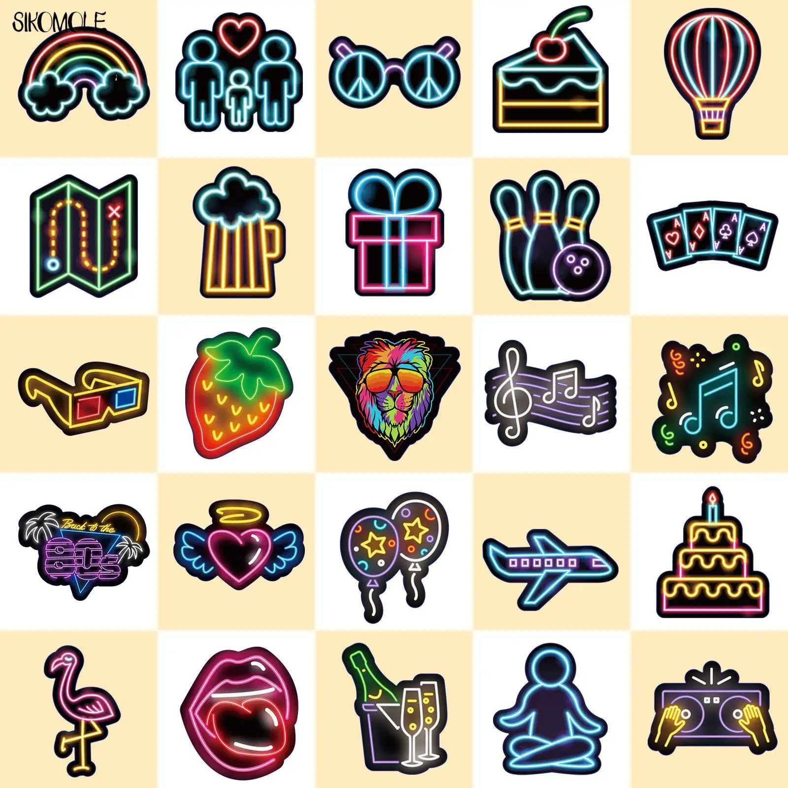 10/30/50PCS Cartoon Neon Light Stickers giocattolo classico bambini fai da te auto chitarra moto bagaglio valigia decalcomanie Graffiti Sticker Pack