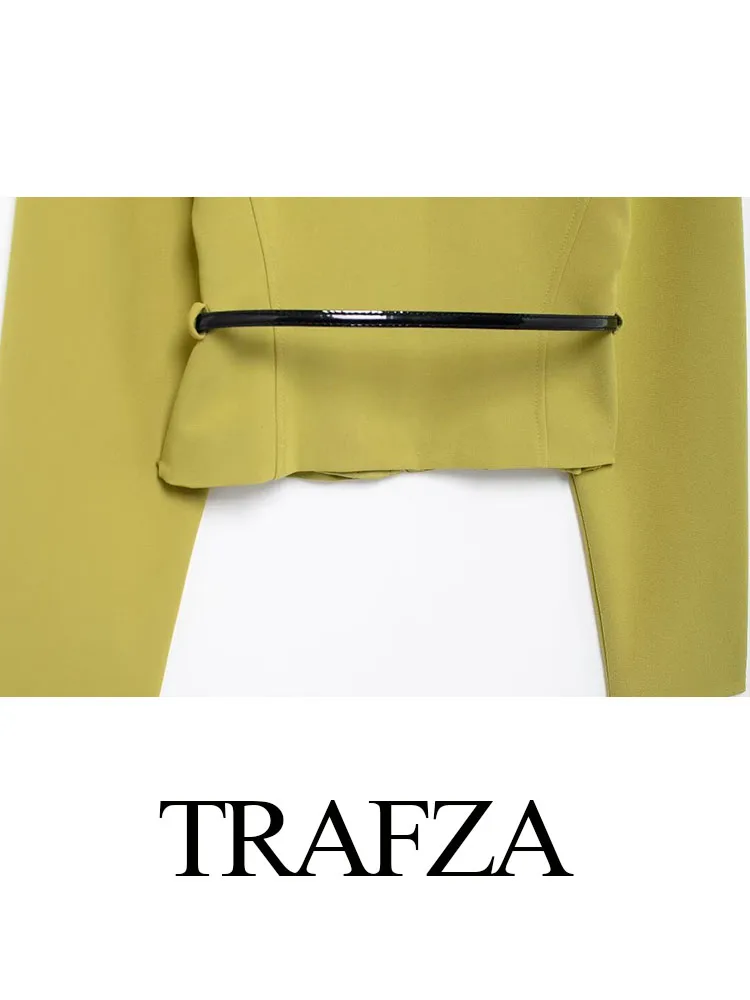 TRAFZA Women Fashion Long Sleeved V-Neck Belt Decorate Casual Short Top Female Elegant Retro Solid Color Slim Coat Top Mujer