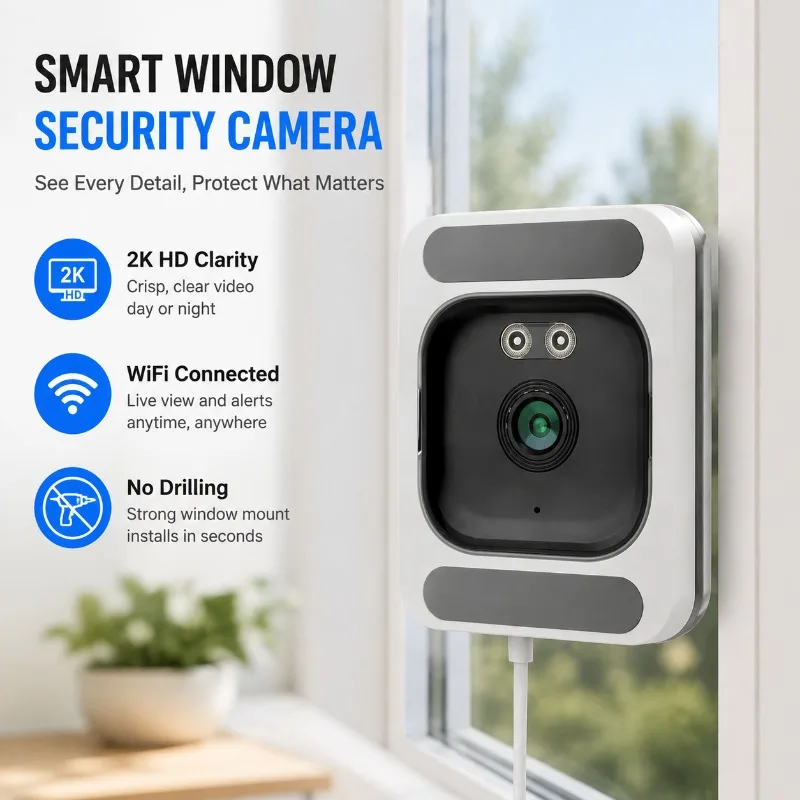 Security Camera 2K HD Smart Window Monitor WiFi Home Indoor Camera No Drilling ABS