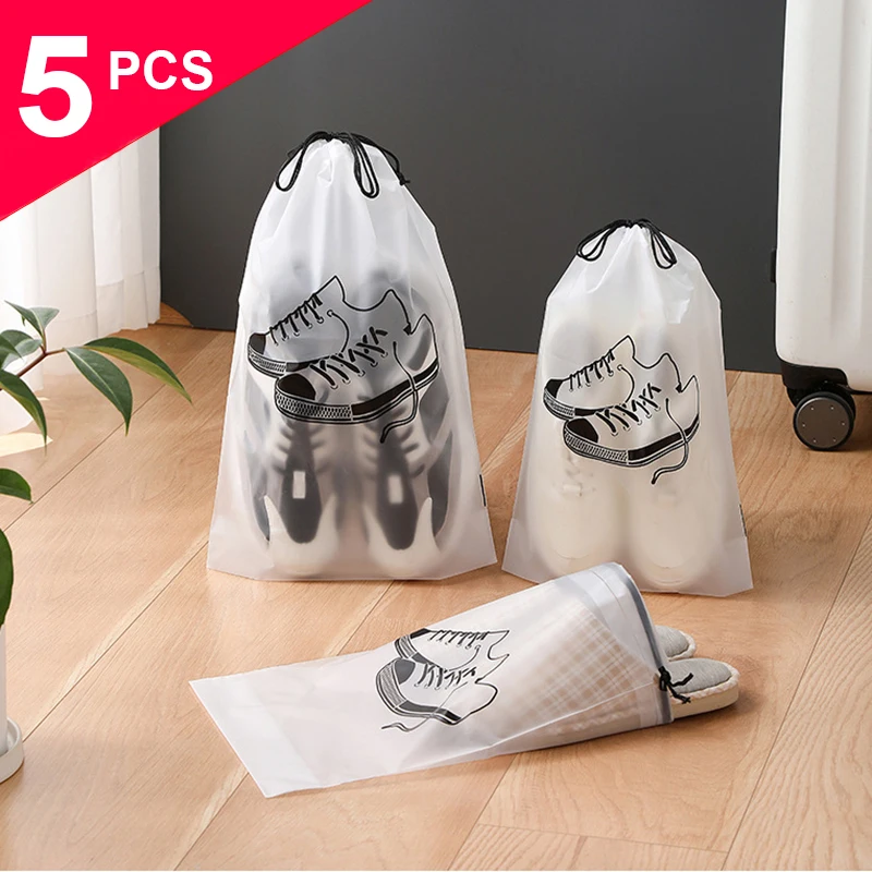 5PCS Waterproof Shoes Storage Bag for Travel Portable Shoe Suitcase PEVA Tote Pocket Transparent Drawstring Bag Closet Organizer